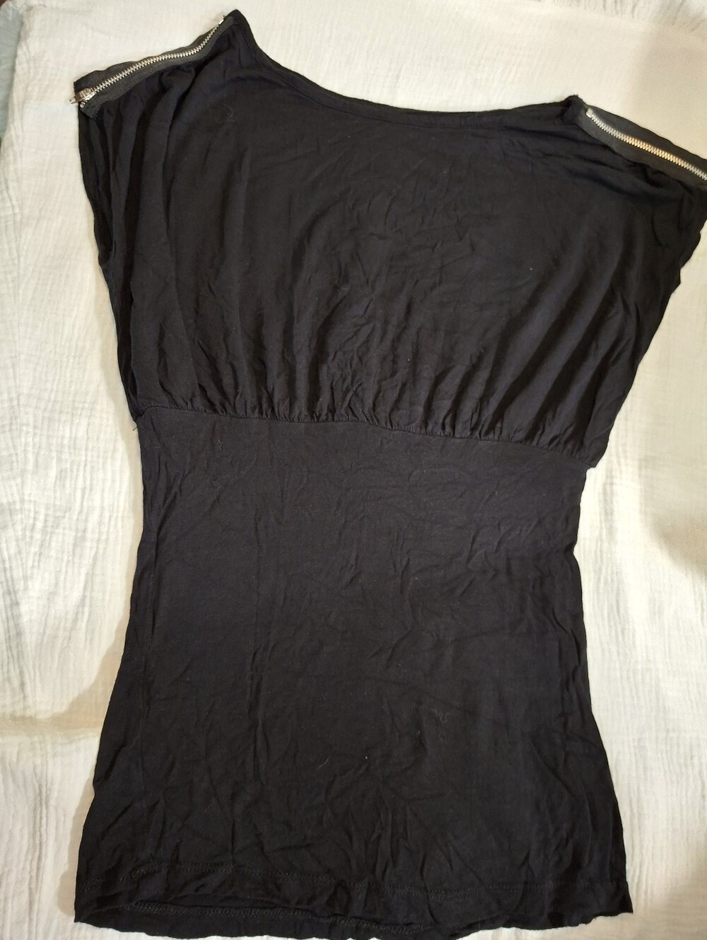 Black Short Sleeve Blouse with Zip Shoulder Detail